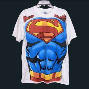Vintage Superman Huge Graphic All Over Superhero Suit White T-Shirt Size L